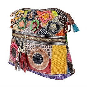 sac à bandoulière en cuir patchwork coloré pour femme - sac à main de style bohème avec des accents floraux