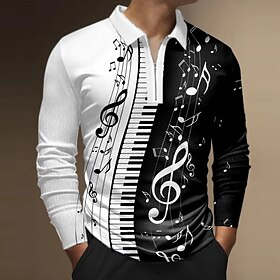 Men's Zip Polo Polo Shirt Golf Shirt Graphic Prints Notes Turndown Black Red Blue Purple Green Outdoor Street Long Sleeve Zipper Print Clothing Apparel Fashion