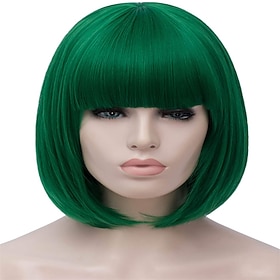 Green Wigs for Women 12'' Short Green Bob Wig with Bangs Natural Synthetic Soft Wig Cute Colored Wigs for St Patrick's Day Party Halloween St.Patrick's Day Wig