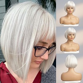 Human Hair Wig Short Straight With Bangs Silver Soft Party Women Capless Brazilian Hair Women's Silver 12 inch Party / Evening Daily Daily Wear