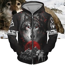 Herren Kapuzenshirt Mit Durchgehendem Reißverschluss Jacke Schwarz Braun Khaki Dunkelgray Mit Kapuze Tier Wolf Grafik-Drucke Bedruckt Zip S