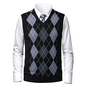 Men's Sweater Sweater Vest Pullover Ribbed Knit Knitted Plaid V Neck Stylish Casual Daily Wear Vacation Clothing Apparel Spring   Fall Camel Black S M L