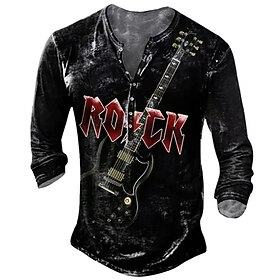 Rock Guitar And Beer Mens Graphic Shirt 3D For Drinkers Of Black Henley Tee Letter Clothing Apparel Print Outdoor Casual Long Sleeve Button Down
