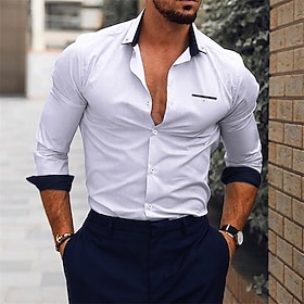 Men's Dress Shirt White Pink Navy Blue Long Sleeve Plain Turndown Spring Fall Wedding Office Career Clothing Apparel