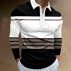Men's Zip Polo Polo Shirt Golf Shirt Plaid Houndstooth Striped Graphic Prints Turndown Black White Khaki Gray Outdoor Street Long Sleeve Zipper Print Clothing