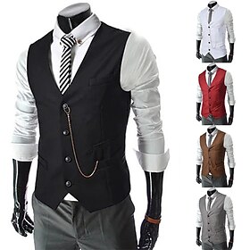 Men's Vest Suit Vest Gilet Wedding Business Causal Casual 1920s Smart Casual Polyester Solid Colored Single Breasted Shirt Collar Slim Black Red Light Grey Ves
