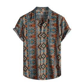 Men's Tribal Vintage Ethnic Shirt Button Up Shirt Short Sleeve Tropical Fashion Hawaiian Casual Beach Holiday Summer Spring Turndown Print Button-Down Navy Blu