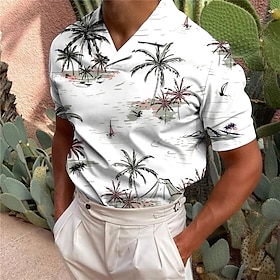 Men's Polo Shirt Hawaiian Polo Shirt Golf Shirt Coconut Tree Graphic Prints Turndown Apricot White Pink Green Outdoor Street Short Sleeves