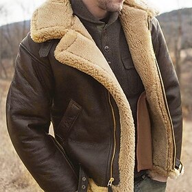 Men's Faux Leather Jacket Winter Coat Winter Jacket Shearling Coat Outdoor Street Thermal Warm Windproof Pocket Winter Solid Color Streetwear Casual Turndown R
