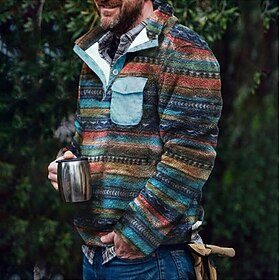 Men's Sweatshirt Fuzzy Sherpa Pullover Black White Red Blue Brown Standing Collar Graphic Geometric Print Sports  Outdoor Streetwear Casual Big and Tall Essent
