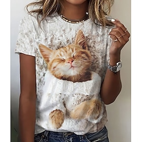 Women's T Shirt Tee Cat 3D Daily Weekend Custom Print White Print Short Sleeve Basic Round Neck Regular Fit