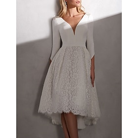 Reception Simple Wedding Dresses Wedding Dresses Sheath / Column Off Shoulder Cap Sleeve Tea Length Lace Bridal Gowns With Appliques Split