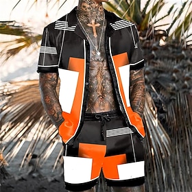 Men's Geometric Pattern Geometry 2pcs Shirts Sets Summer Hawaiian Shirt Short Sleeve Short Pants Cuban Collar Tropical Fashion Hawaiian Casual Holiday Beach Pr