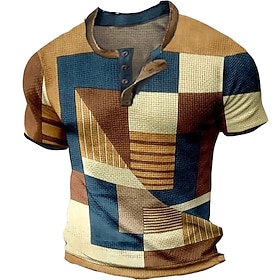 Geometric Mens 3D Shirt Casual Brown Summer Cotton Men'S Waffle Henley Tee Graphic Color Block Clothing Apparel 3D Print Outdoor Short Sleeve Fashion Designe