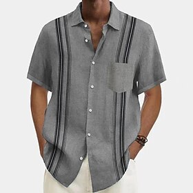 Men's Linen Shirt Summer Shirt Turndown Summer Short Sleeves Blue Green Gray Stripes Holiday Vacation Clothing Apparel Front Pocket