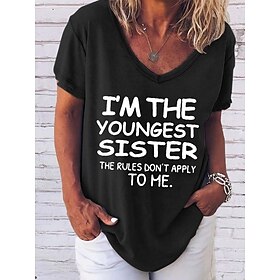 Women's T shirt Tee Letter Black White Blue Short Sleeve Home Casual Daily Basic V Neck