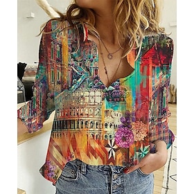 Women's Shirt Blouse Floral Graphic Casual Holiday Yellow Red Purple Print Long Sleeve Basic Shirt Collar Regular Fit Spring Fall
