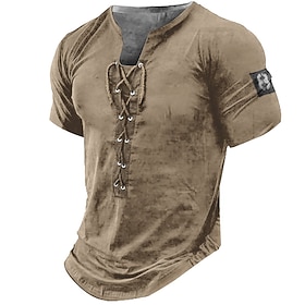 Lace Up Mens 3D Shirt Casual Brown Summer Cotton Men'S Henley Tee Graphic Number Clothing Apparel 3D Print Daily Sports Short Sleeve Fashion Stylish