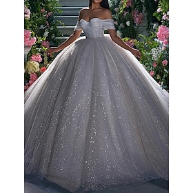 Engagement Sparkle  Shine Formal Wedding Dresses Ball Gown Off Shoulder Cap Sleeve Chapel Train Sequined Bridal Gowns With Solid Color 2024