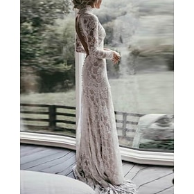 Beach Boho Wedding Dresses Sheath / Column High Neck Long Sleeve Court Train Lace Bridal Gowns With Appliques Solid Color 2024