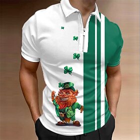 Men's Zip Polo Polo Shirt Golf Shirt Cartoon Saint Patrick Day St. Patrick's Day Clover Turndown Green Outdoor Street Short Sleeves Zipper Print Clothing Appar