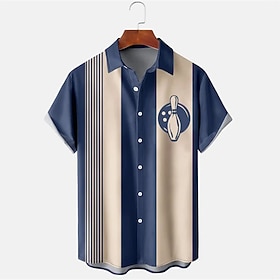 Men's Striped Bowling Ball Shirt Bowling Shirt Button Up Shirt Short Sleeve Spo…