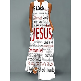 Women's Maxi Dress Cross Casual Dress Swing Dress Print Dress Letter Casual Holiday Vacation Beach Pocket Print Sleeveless V Neck Dress Loose Fit Black White G