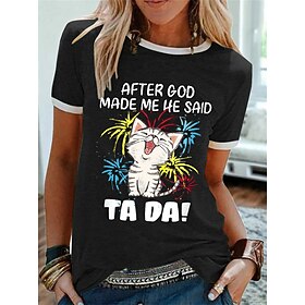Women's T shirt Tee Cat Letter Text Black Yellow Blue Print Short Sleeve Daily Weekend Basic Round Neck Regular Fit