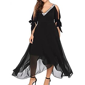 kvinders plus size kurvede flatterende kjoler elegant æbleformet kjole bryllup gæstefest kjole chiffon kjole swing kjole ensfarvet midikjole halværmet lagdelt
