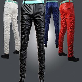 Men's Trousers Faux Leather Pants Casual Pants Pocket Straight Leg Plain Comfort Casual Daily Holiday Faux Leather Streetwear Stylish White Red