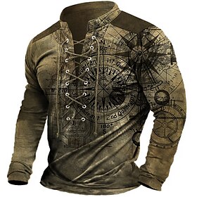 Mens Graphic Hoodie The Compass Sweatshirt Blue Brown Green Gray Henley Nautical Lace Up Sports  Outdoor Daily 3D Print Designer Basic Casu
