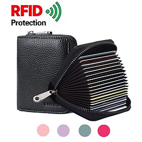 Linno RFID 20 Card Slots Credit Card Holder Genuine Leather Small Card Case for Women or Men Accordion Wallet with Zipper