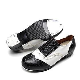 Men's Black and White Oxford Tap Dance Shoes  Classic Faux Leather Lace-Up Shoes with Metal Plates for Professional Performances