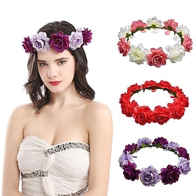 Flower Headband Rose Floral Boho Wreath Garland Hair Hoop Bohemian Headdress Headwear Headpiece Women Girls Crown Leaf Hair Bands Party Decoration Cosplay Cost