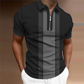 Men's Polo Shirt Zip Polo Golf Shirt Striped Graphic Prints Turndown Wine Blue Brown Green Gray Outdoor Street Short Sleeves Print Zipper C