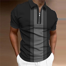 Men's Polo Shirt Golf Shirt Zip Polo Striped Graphic Prints Turndown Wine Blue Brown Green Gray Outdoor Street Short Sleeves Zipper Print Clothing Apparel Fash