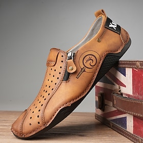 Men's Breathable Faux Leather Slip-On Casual Shoes  Vintage Style Loafers with Zipper  Perforated Design for Driving, Walking  Daily Wear