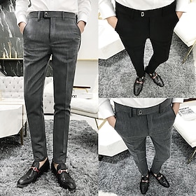 Men's Dress Pants Skinny Trousers Pencil Pants Pocket Plain Breathable Stretch Ankle-Length Wedding Office Business Cotton Chic Modern Casual Skinny Black Gre