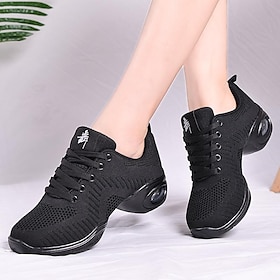 Women's Black Knit Dance Sneakers  Breathable Mesh Lace-Up Jazz Shoes with Air Cushion Sole for Fitness, Hip-Hop  Latin Dance