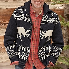 Men's Sweater Cardigan Sweater Ribbed Knit Regular Knitted Deer Lapel Warm Ups Modern Contemporary Daily Wear Going out Clothing Apparel Winter Black M L XL