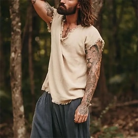 Men's Linen Shirt Summer Shirt Beach Shirt White Blue Sleeveless Plain V Neck Summer Casual Daily Clothing Apparel