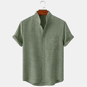 Men's Linen Shirt Henley Shirt Casual Shirt Henley Spring  Summer Short Sleeve Black Yellow Brown Plain Hawaiian Holiday Clothing Apparel Front Pocket