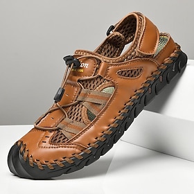 Men's Breathable Faux Leather Outdoor Sandals  Closed Toe Sport Fisherman Shoes with Adjustable Elastic Laces for Hiking, Walking  Casual Summer Wear