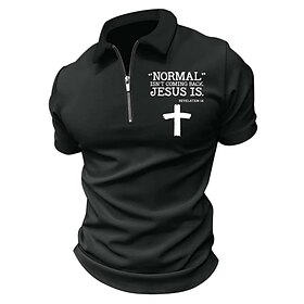 Men's Polo Shirt Zip Polo Golf Shirt Letter Graphic Prints Cross Jesus Turndown Black Navy Blue Outdoor Street Short Sleeves Print Zipper C