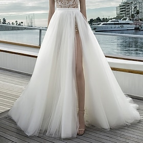 Beach Simple Wedding Dresses A-Line Separates Separates Court Train Tulle Bridal Skirts Bridal Gowns With Split Front Solid Color 2024