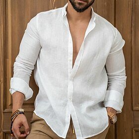Men's Linen Shirt Summer Shirt Beach Wear Casual Shirt Button Up Shirt Plain Casual Daily Black White Pink Navy Blue Long Sleeve Lapel Spring  Summer Clothing