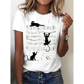 Women's T Shirt Tee Cat Music Daily Weekend Custom Print White Print Short Sleeve Basic Round Neck Regular Fit