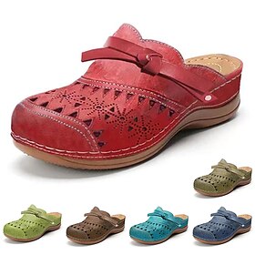 Women's Red Faux Leather Clogs  Vintage Style Slip-On Shoes with Laser-Cut Floral Design and Comfortable Cushioned Sole for Casual Everyday Wear