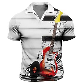 Men's Polo Shirt Golf Shirt Graphic Prints Music Guitar Notes Musical Instrument V Neck Black Gray Outdoor Street Short Sleeves Print Clothing Apparel Sports F