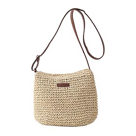 Women's Natural Woven Straw Crossbody Bag  Boho Summer Beach Handbag with Adjustable Brown Leather Strap